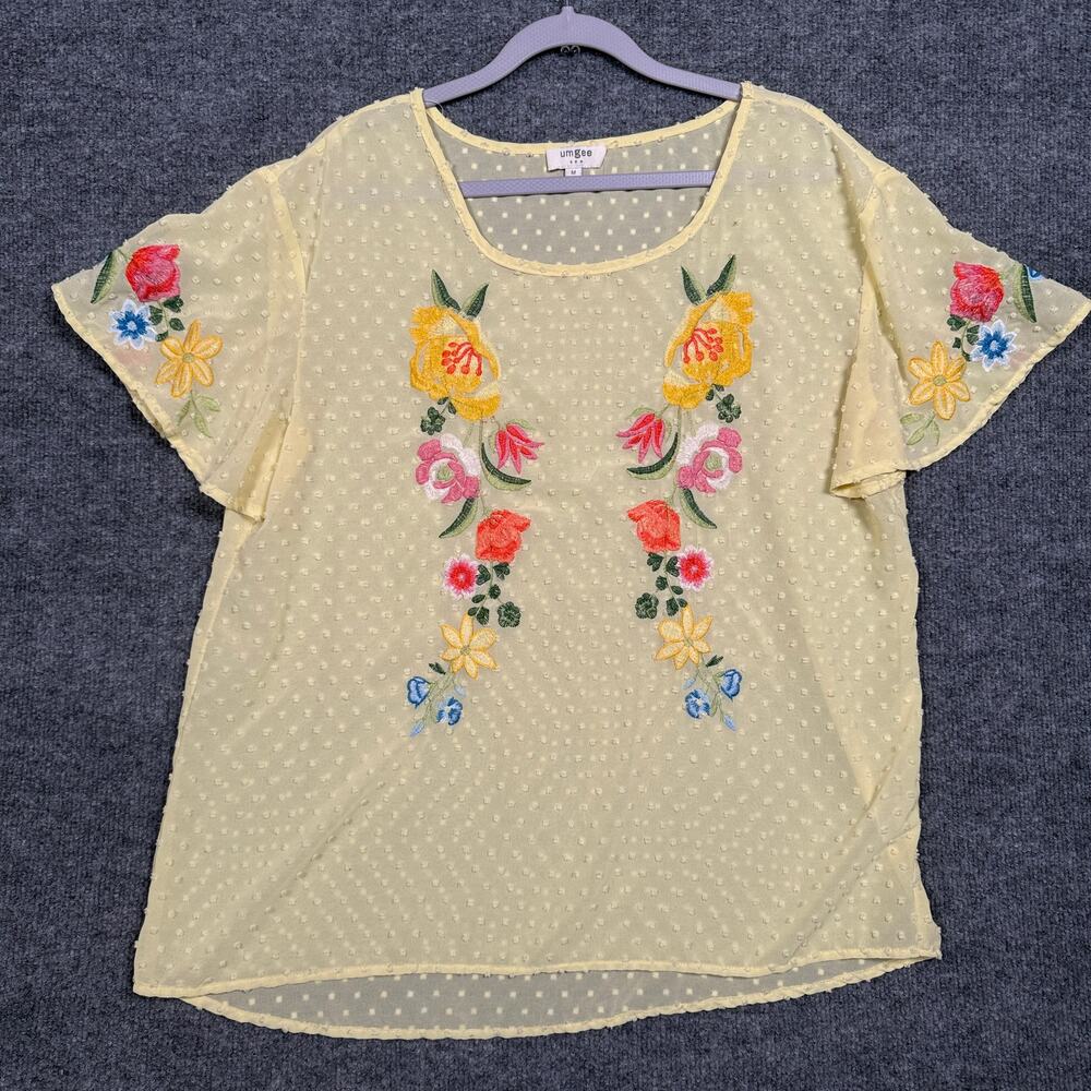 Umgee Medium Swiss Dot Embroidered Top Blouse Yellow Cotton Blend Flutter Sleeve
